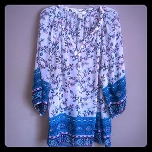 Beautiful, sheer, white blouse, blue, peach tones